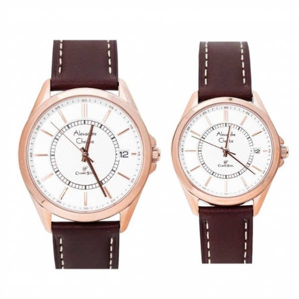 Alexandre Christie AC 8649 Rosegold white Brown Leather Couple